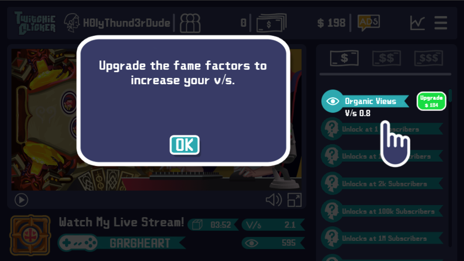 Twitchie Clicker Game Upgrade Fame Factors Information Screen Screenshot.
