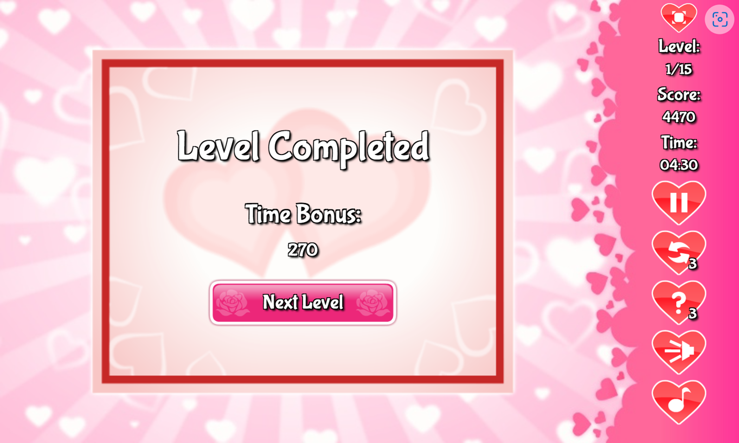 Valentine Link Game Level Completed Screenshot.