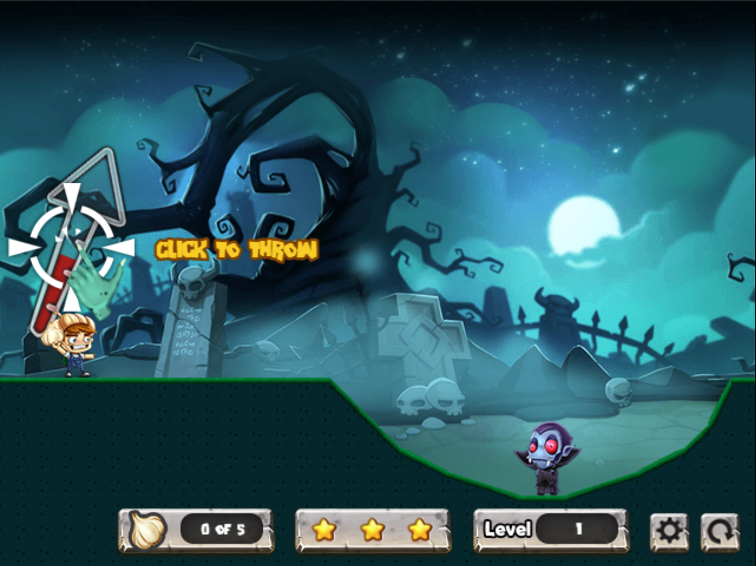 Vampires And Garlic Game Click to Throw Instructions Screenshot.