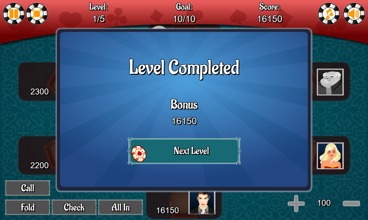 Vegas Poker Game Level Completed Screenshot.