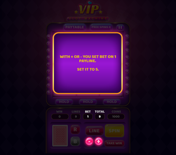 VIP Slot Machine Game Instructions Screenshot.