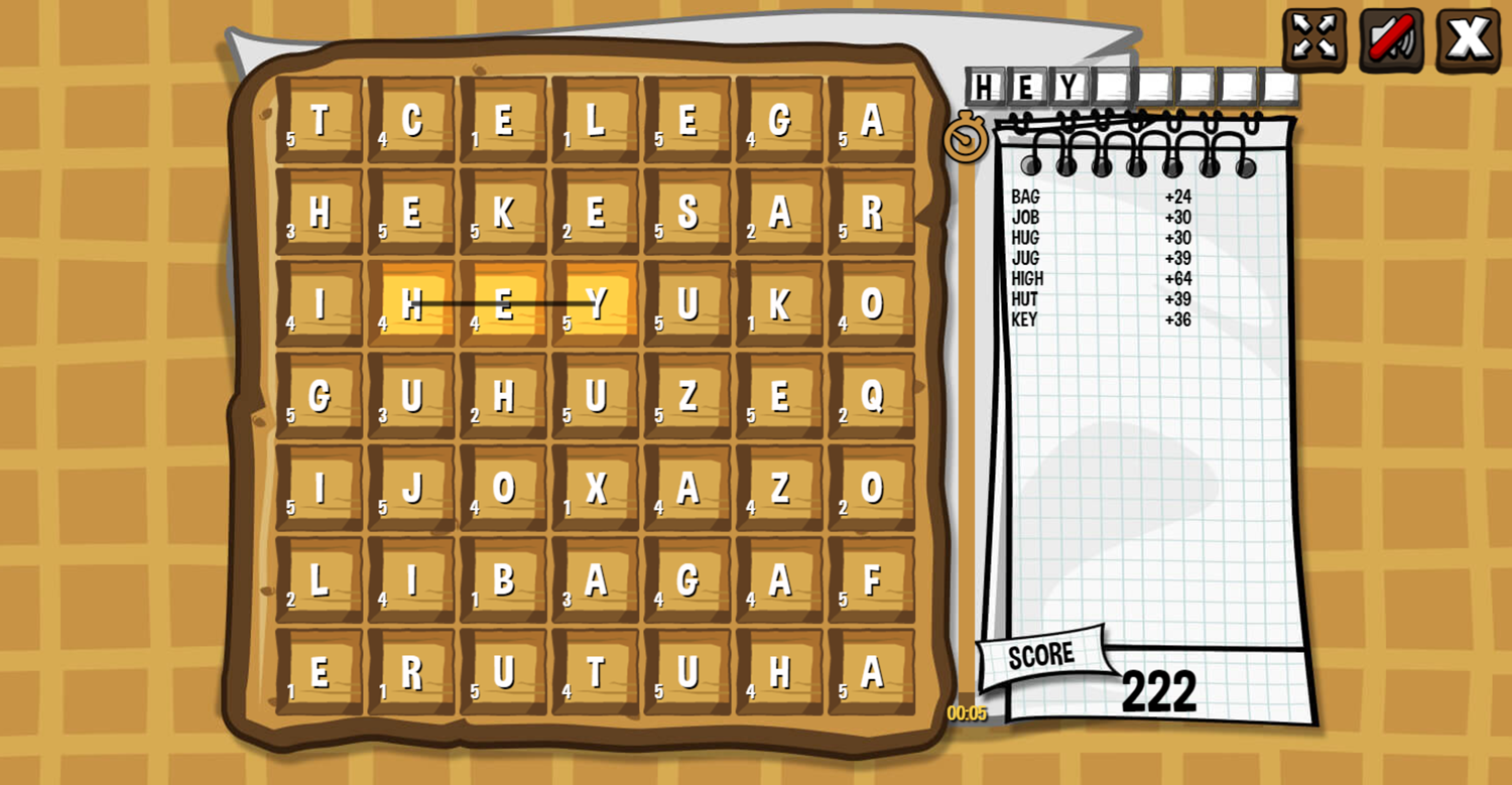 Waffle Word Search Game Screenshot.