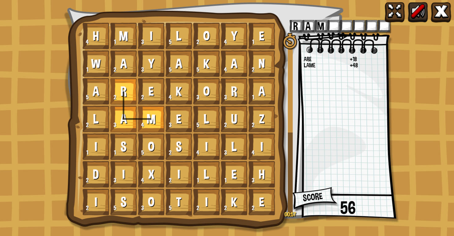 Waffle Word Finding Game Screenshot.
