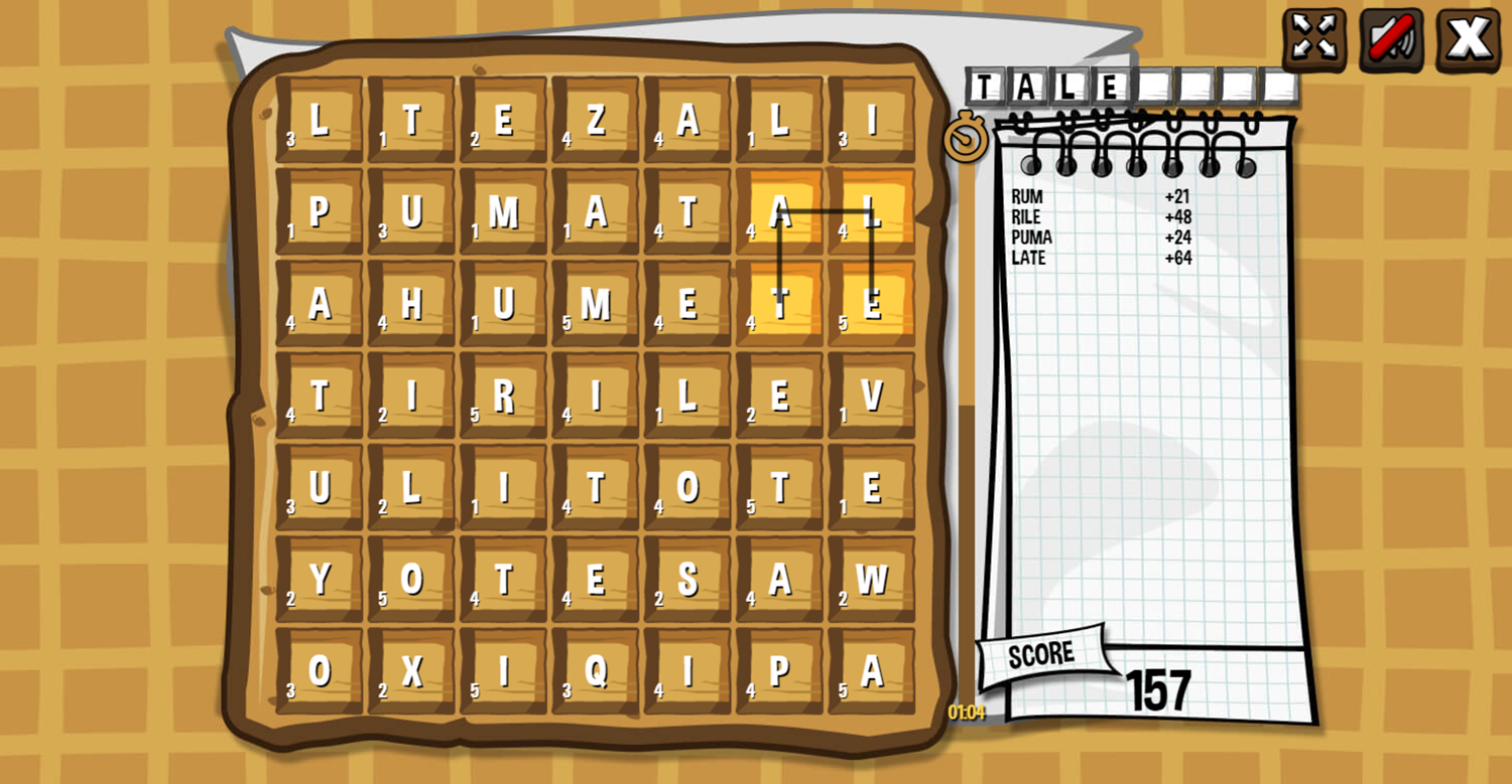 Waffle Word Finder Game Screenshot.