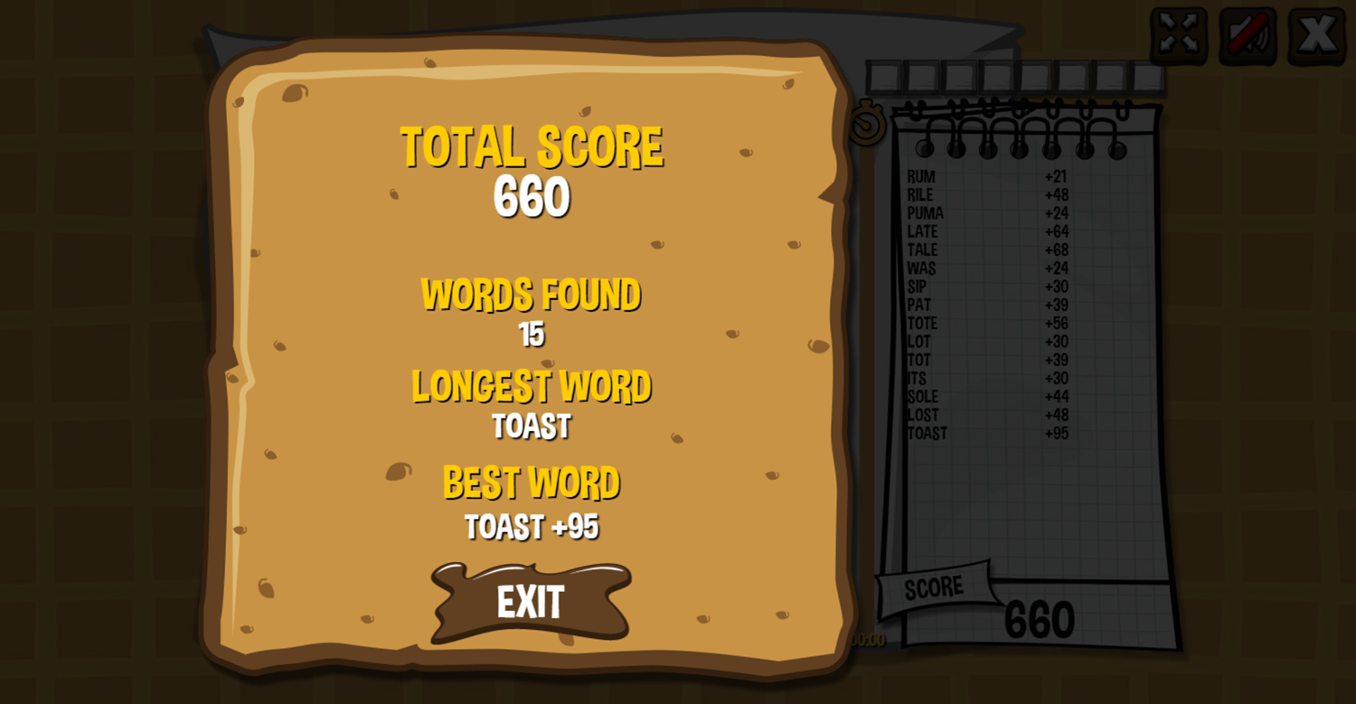 Waffle Word Finder Game Score Screenshot.