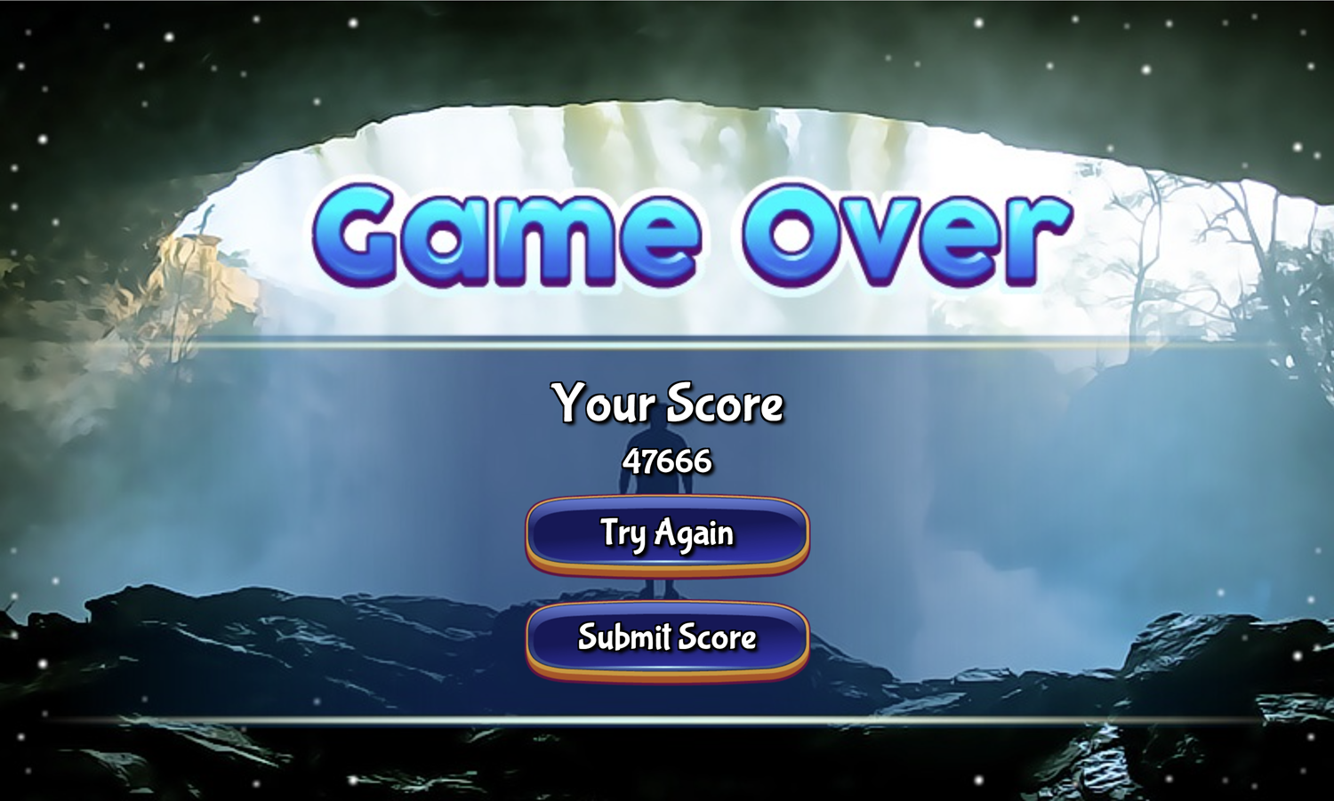 Waterfall Hidden Stars Game Over Screen Screenshot.