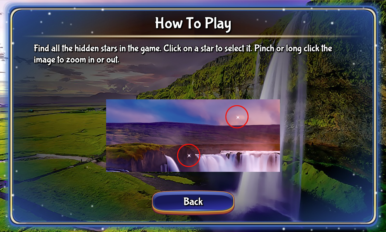 Waterfall Hidden Stars Game How to Play Screen Screenshot.
