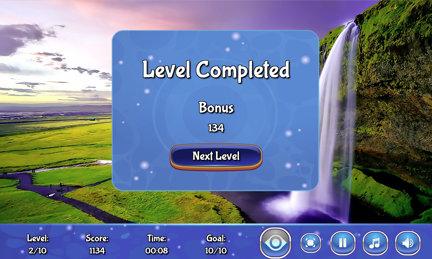 Waterfall Hidden Stars Game Level Completed Screen Screenshot.