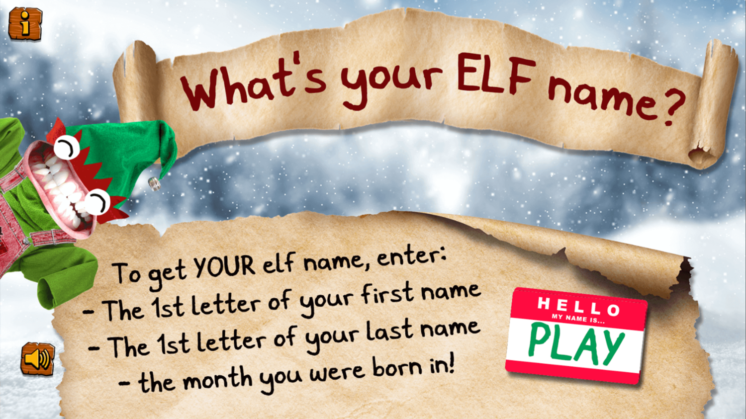 What's Your Elf Name Game Welcome Screen Screenshot.