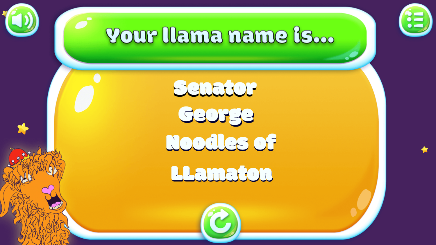 What's Your Llama Name Game Result Screenshot.