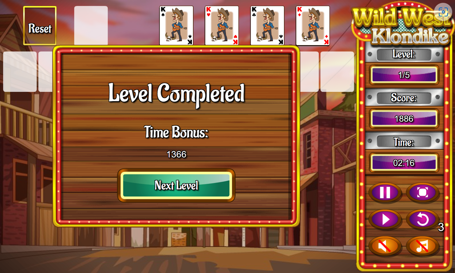 Wild West Klondike Game Level Completed Screenshot.