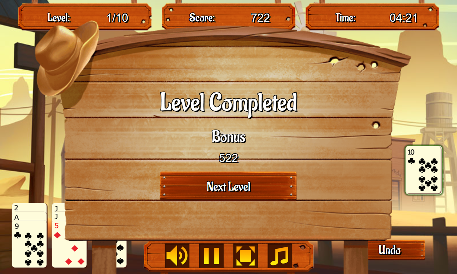 Wild West Pyramid Solitaire Game Level Completed Screenshot.