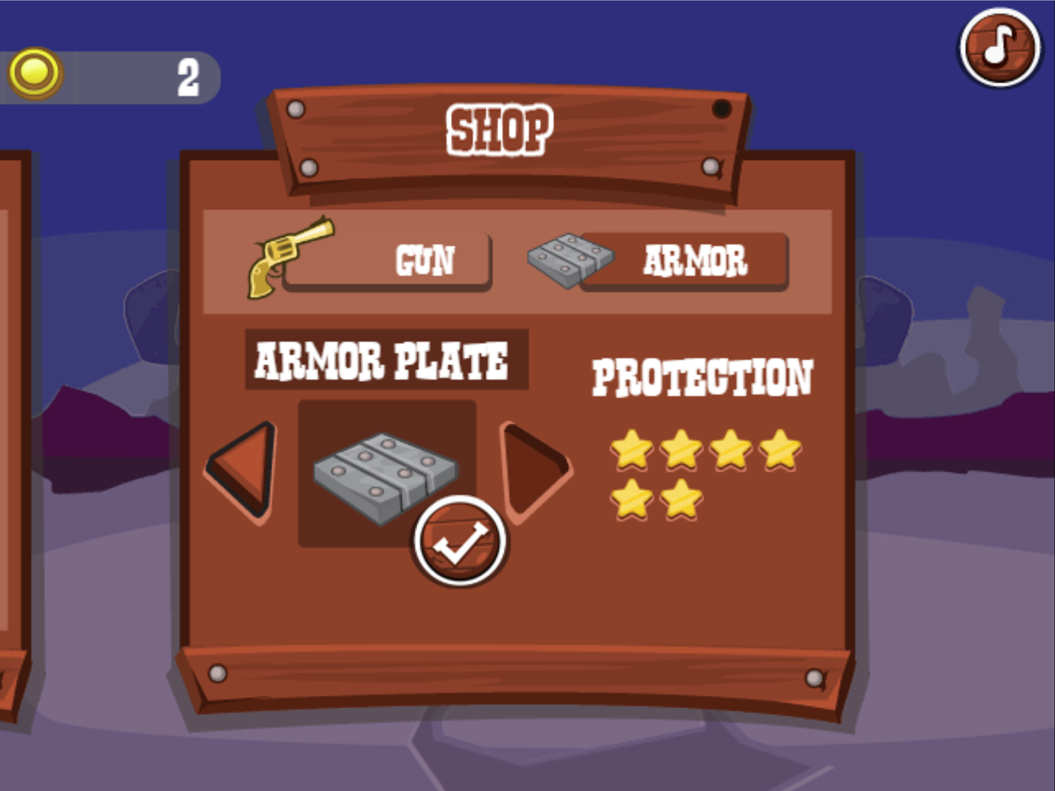 Wild West Shootout Game Armor Shop Screen Screenshot.