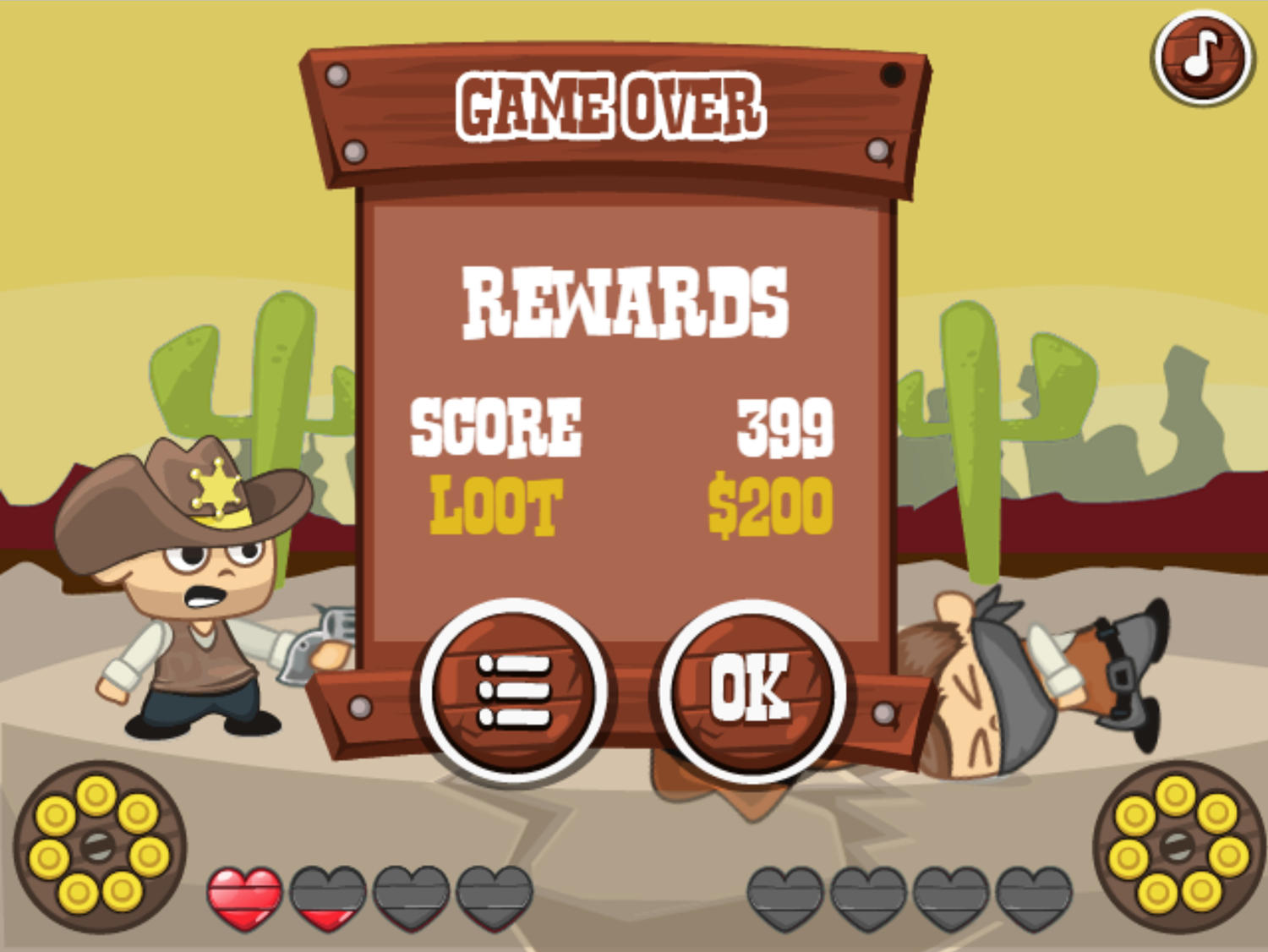 Wild West Shootout Game Rewards Screen Screenshot.