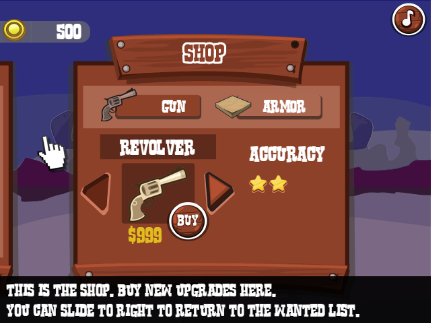 Wild West Shootout Game Shop Instructions Screen Screenshot.