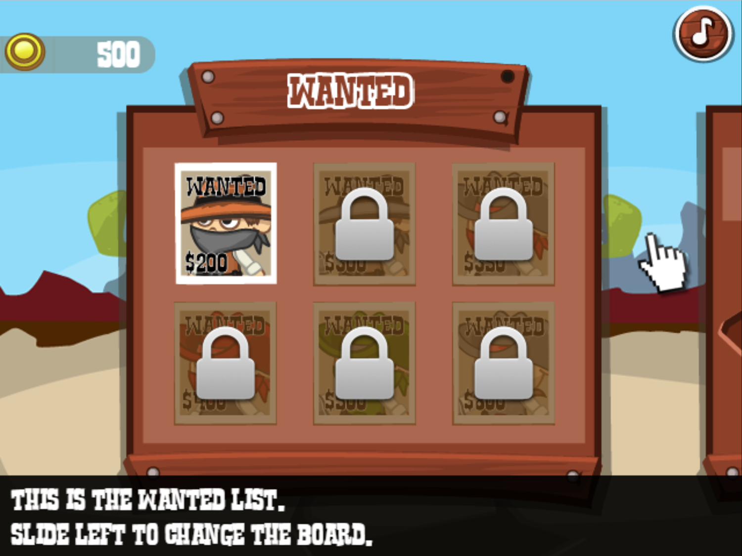 Wild West Shootout Game Wanted List Instructions Screen Screenshot.