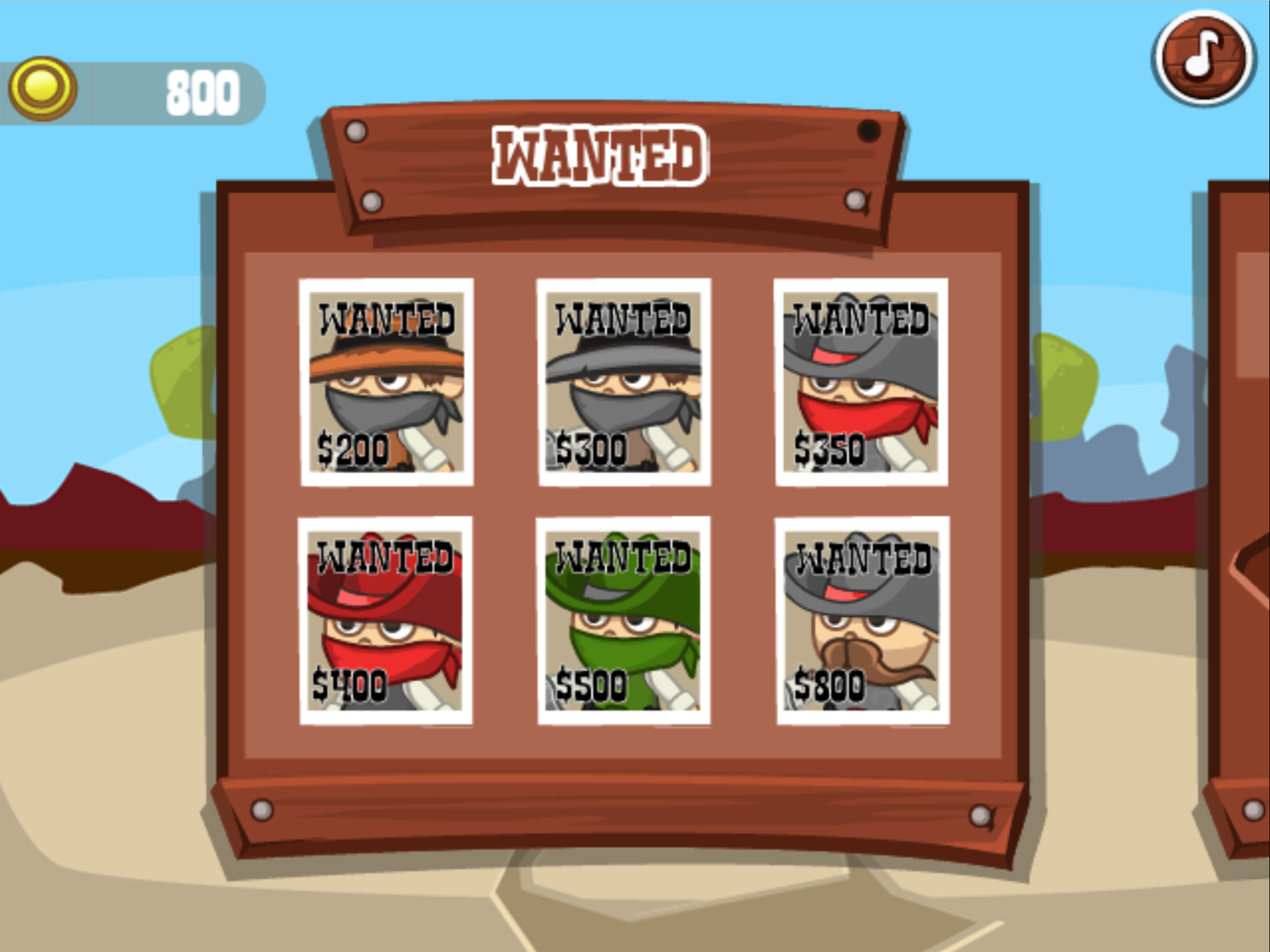 Wild West Shootout Game Wanted List Screen Screenshot.