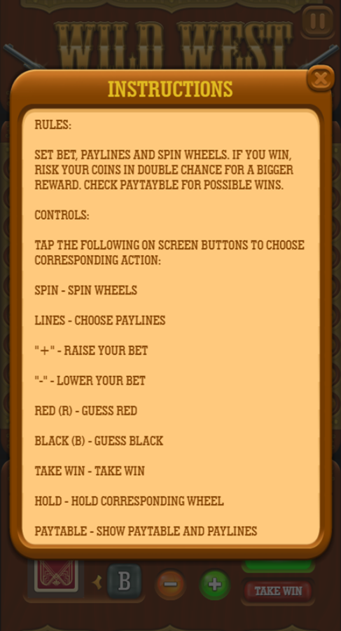 Wild West Slot Machine Game Instructions Screenshot.