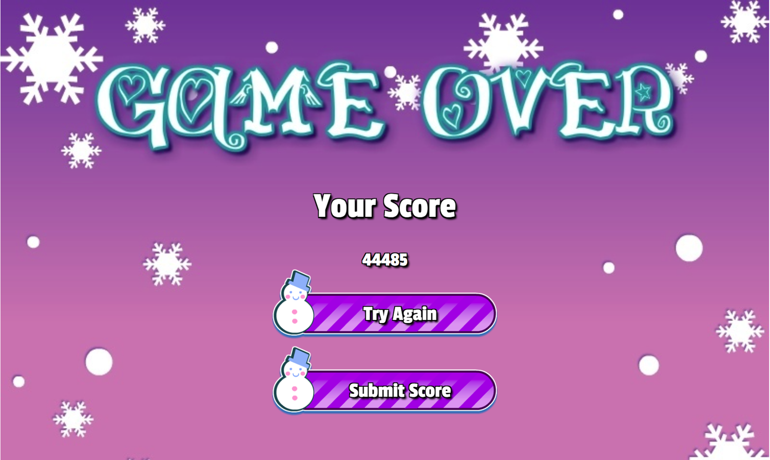 Winter Solitaire Game Over Screen Screenshot.