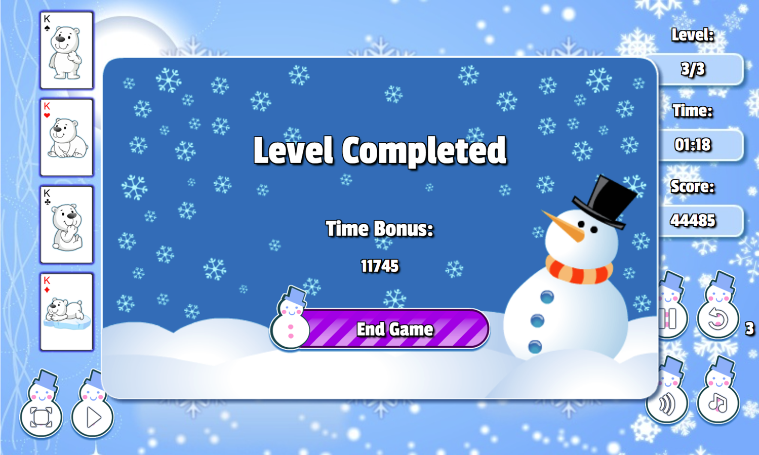 Winter Solitaire Game Level Completed Screen Screenshot.