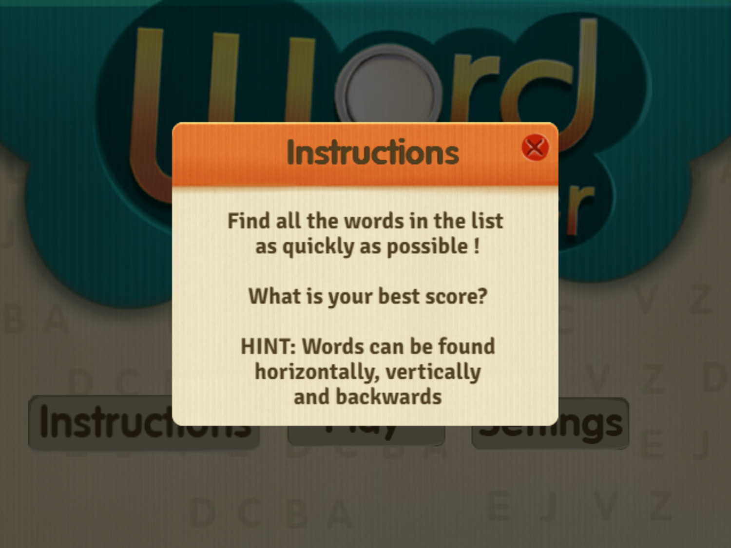 Word Finder Game Instructions Screenshot.