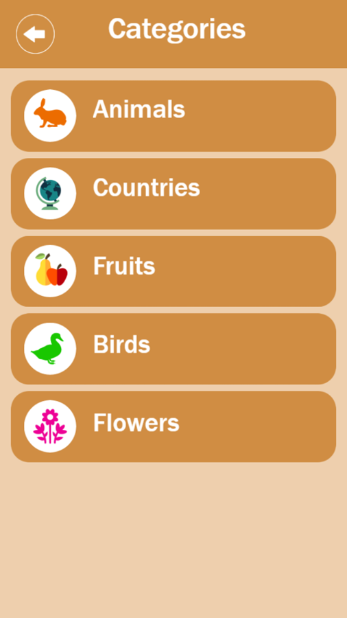 Word Learner Game Categories Screenshot.