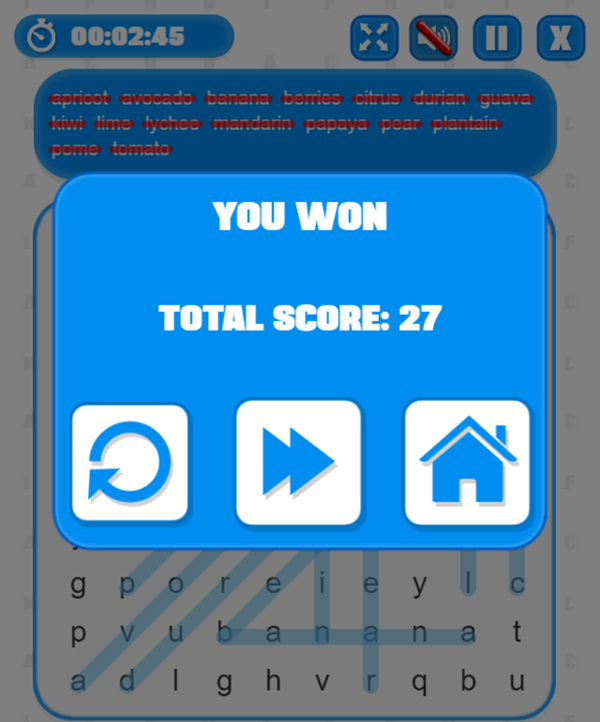 Word Search Game Score Screenshot.