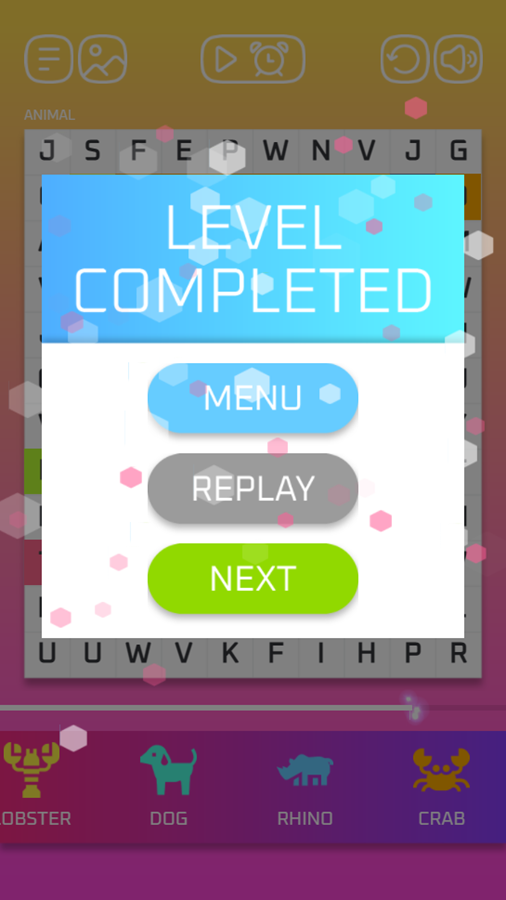 Word Search Pro Game Level Completed Screenshot.