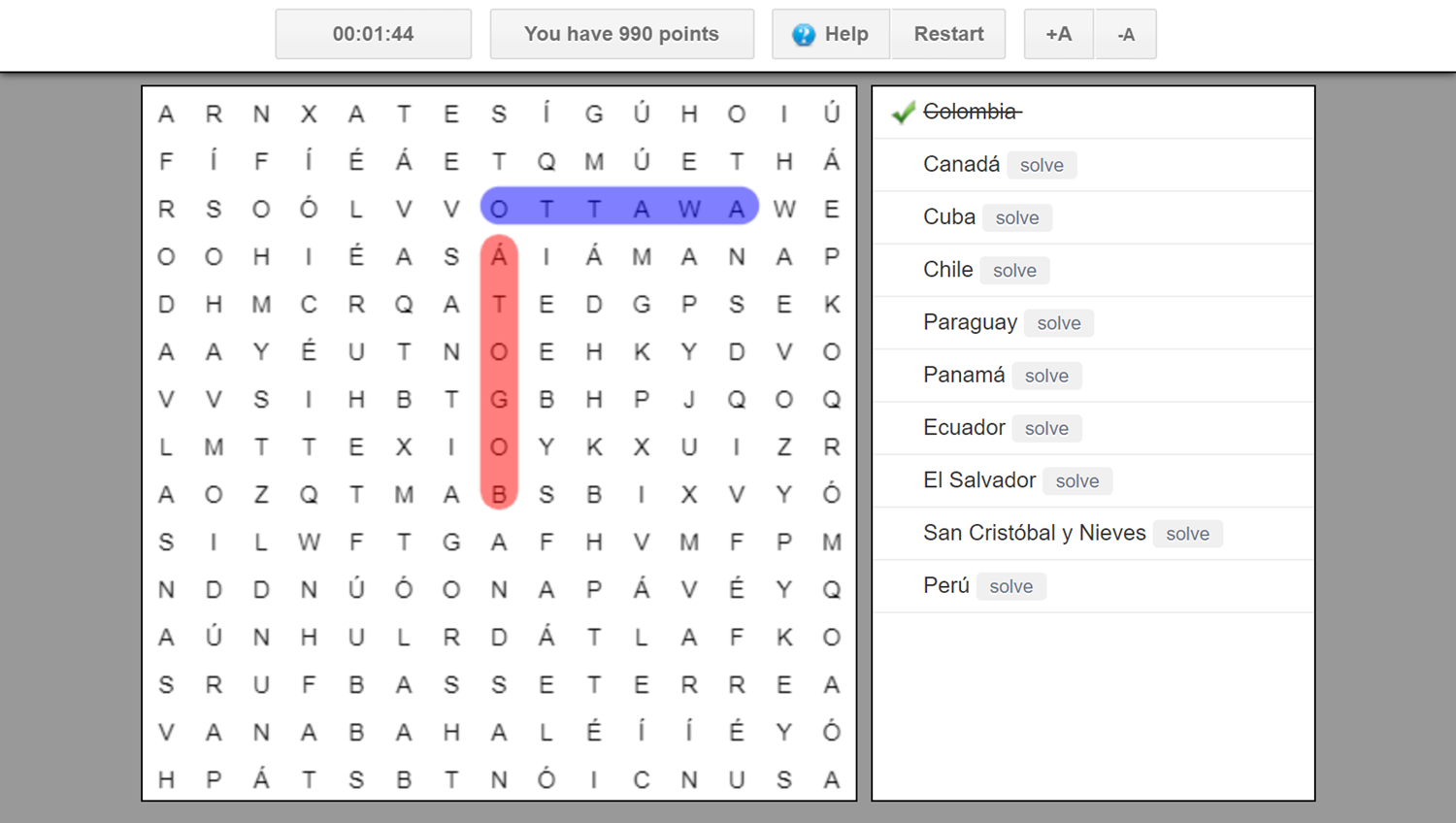 Word Search Puzzle Game Start Screenshot.