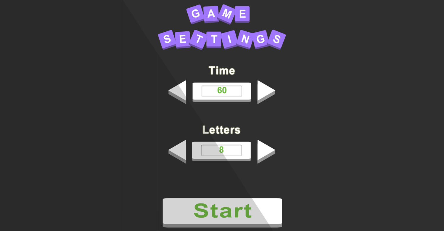 Wordator Game Settings Screenshot.
