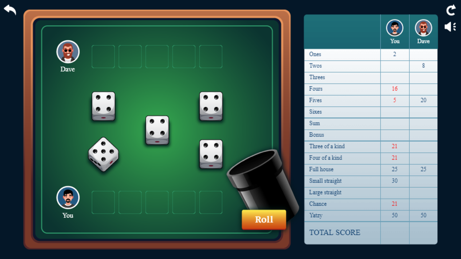 Yatzy Game Play Screenshot.