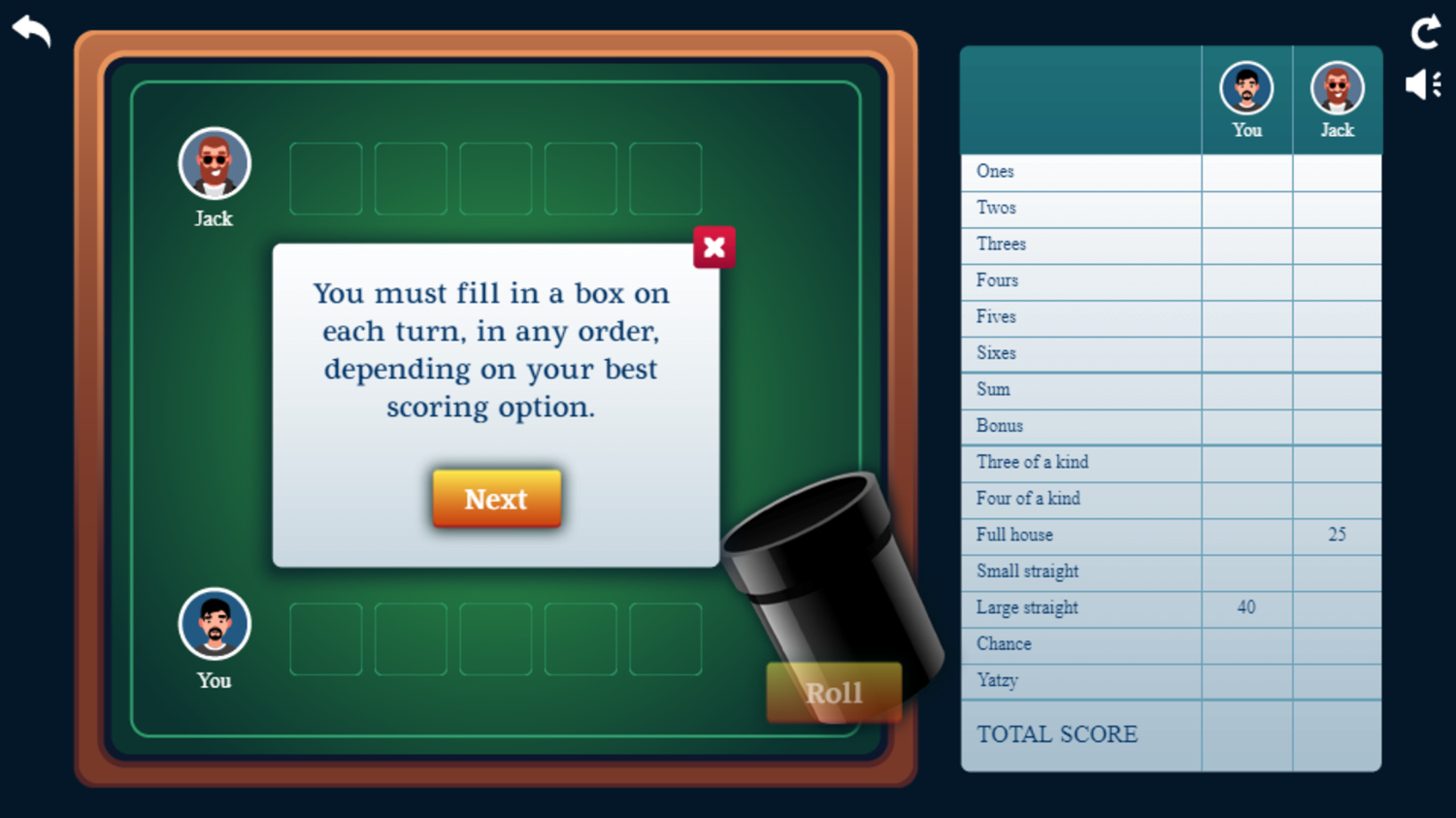 Yatzy Game Instructions Screenshot.