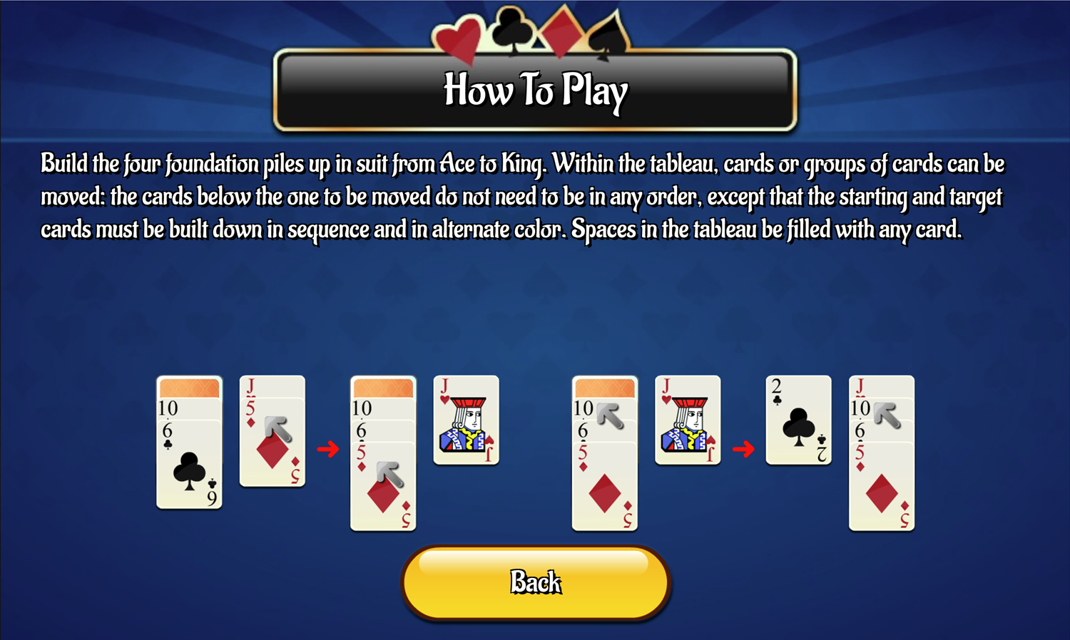 Yukon Freecell Game How to Play Screen Screenshot.