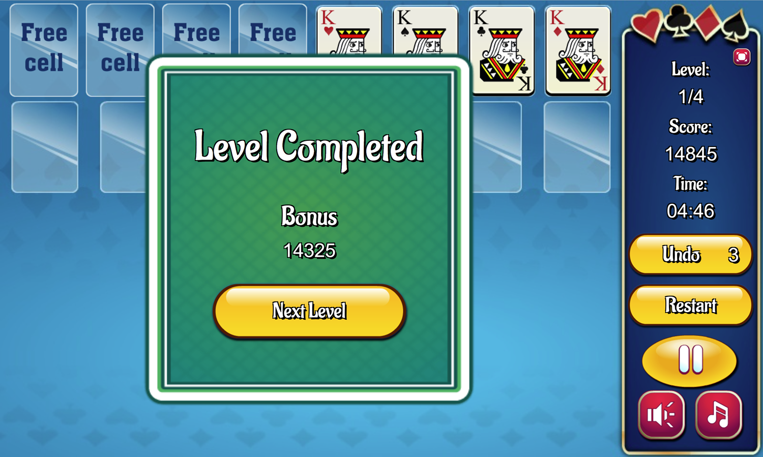 Yukon Freecell Game Level Completed Screen Screenshot.