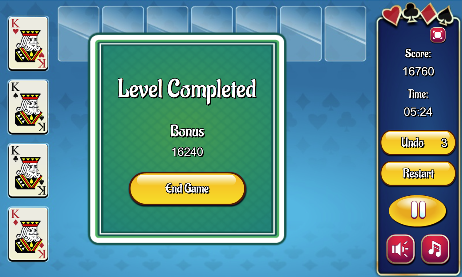 Yukon Solitaire Game Level Completed Screen Screenshot.