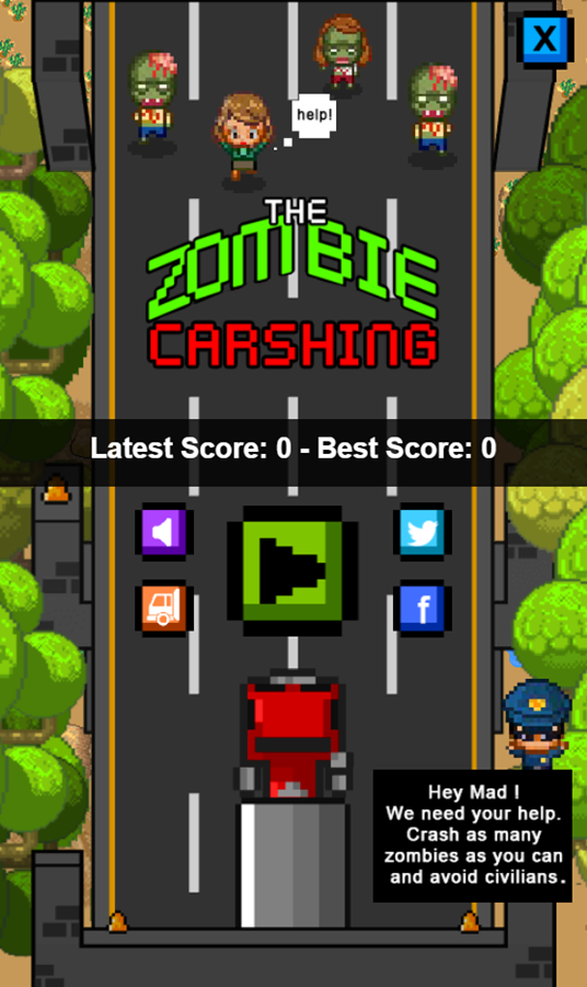Zombie Crashing Game Welcome Screen Screenshot.