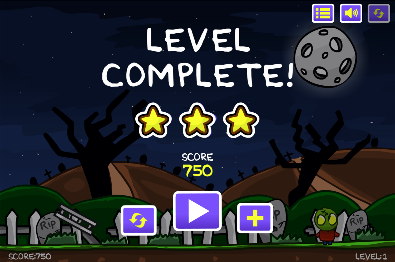 Zombie Head Game Level Complete Screen Screenshot.