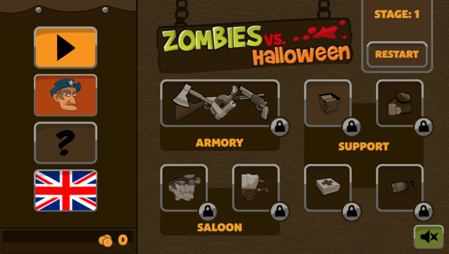 Zombies vs Halloween Game Welcome Screen Screenshot.