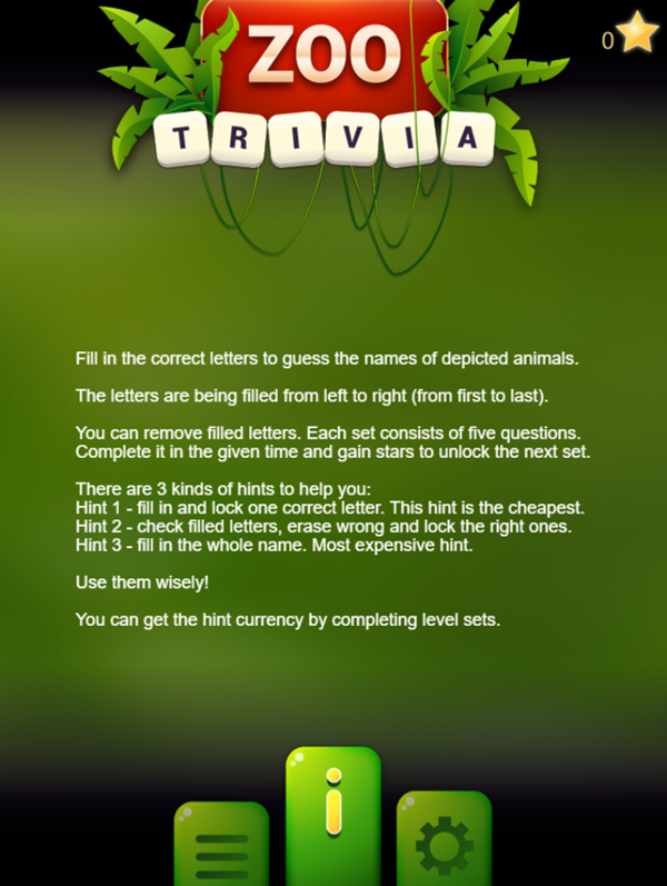 Zoo Trivia Game Instructions Screenshot.