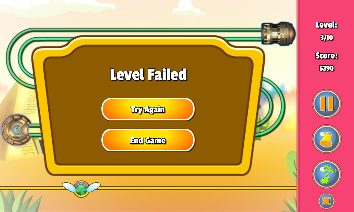 Zuma Ball Game Level Failed Screenshot.