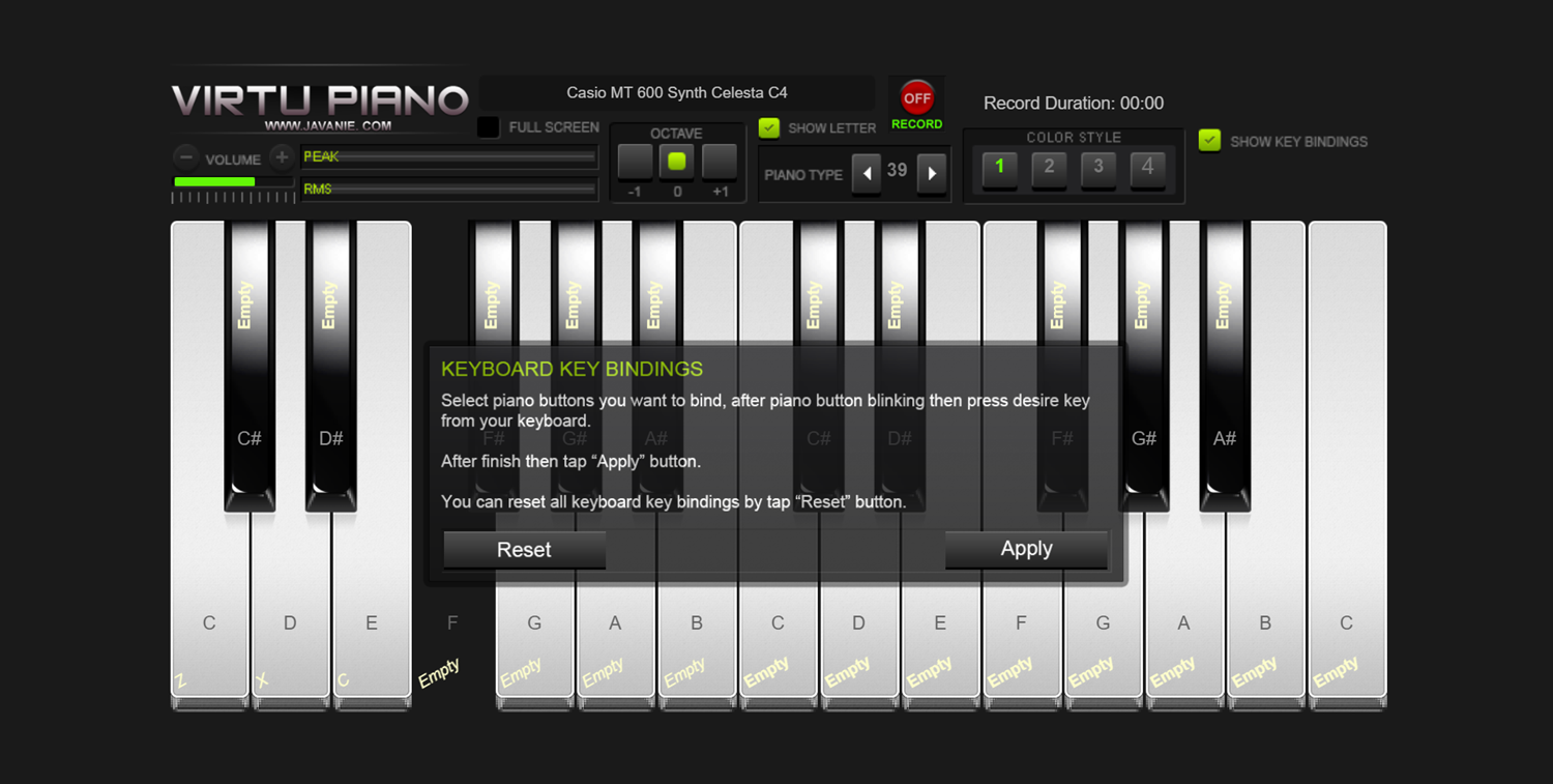 Virtu Piano Keyboard Key Bindings Screenshot.
